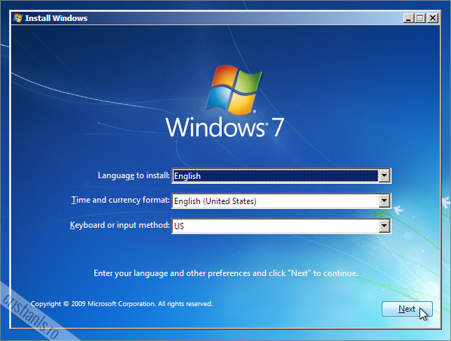 primul pas la instalarea windows 7 alegerea limbii