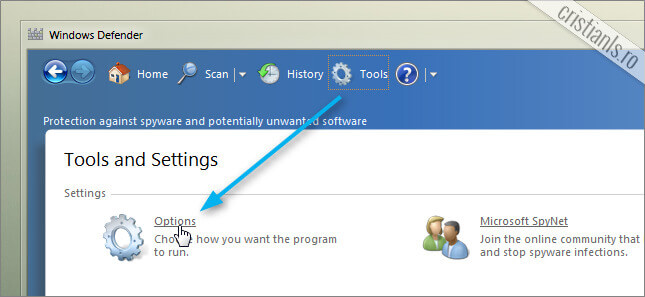Tools » Options (Windows Defender)