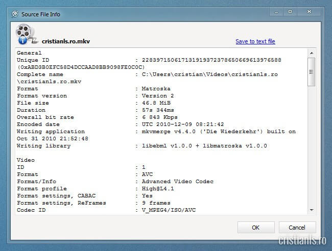 Source file info - informatii despre fisierul video