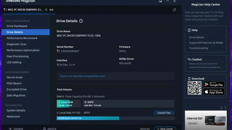 SAMSUNG Magician - afișează informații despre SSD
