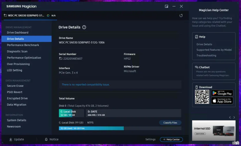 SAMSUNG Magician - afișează informații despre SSD