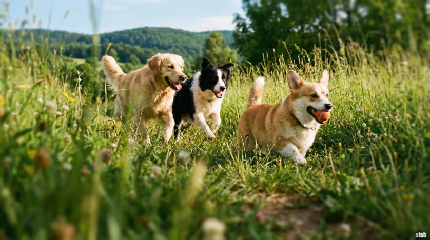 Câini la joacă (generată cu Gemini/Nano Banana
