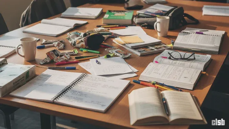 Bancă de școală: clasă cu caiete, cărți