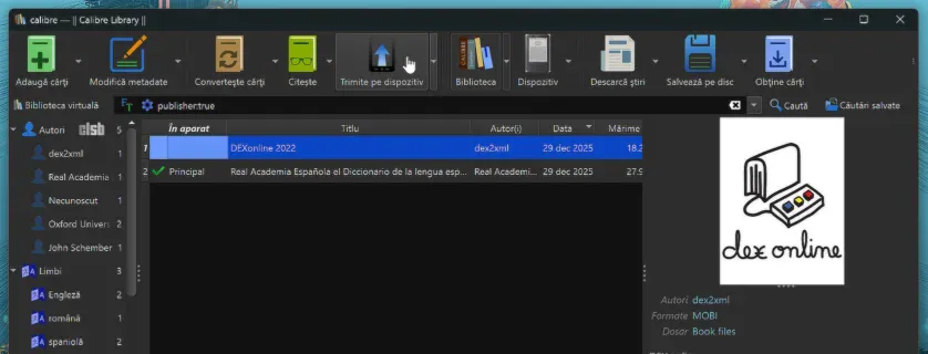 Calibre: dicționarul limbii române pe Kindle