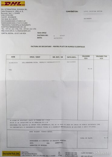 Factură taxe vamale emisă de DHL