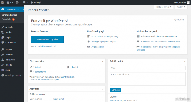 panoul de control wordpress