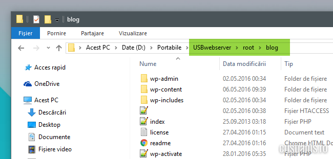 wordpress copiat în folder "blog"
