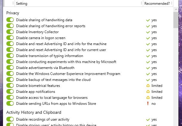 Setari recomandate O&O ShutUp10