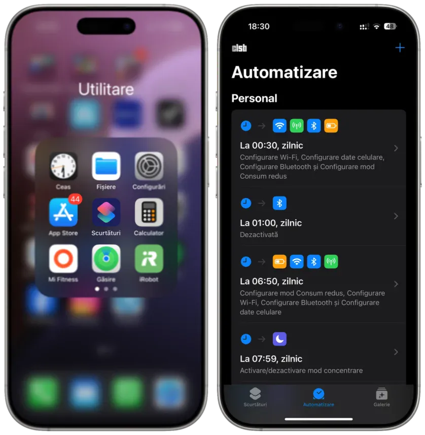 Automatizări configurate cu aplicația Scurtături (Shortcuts) de pe iPhone