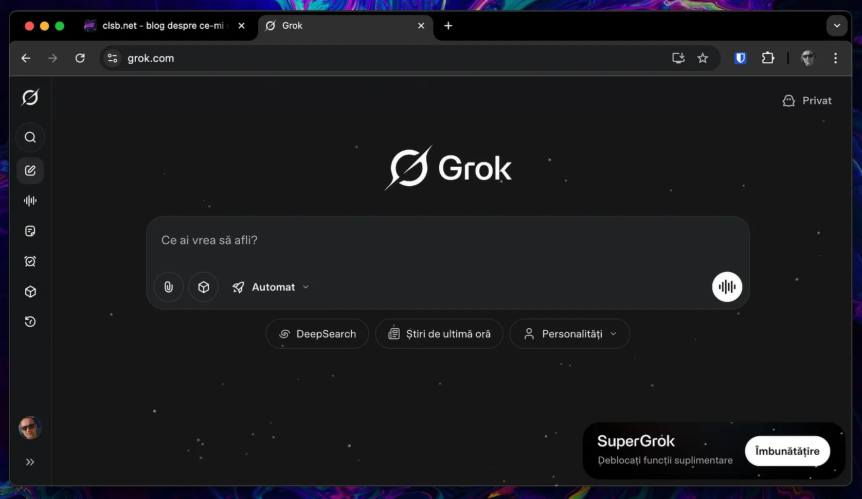 Interfața web a Grok