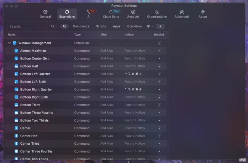 Raycast Settings în macOS