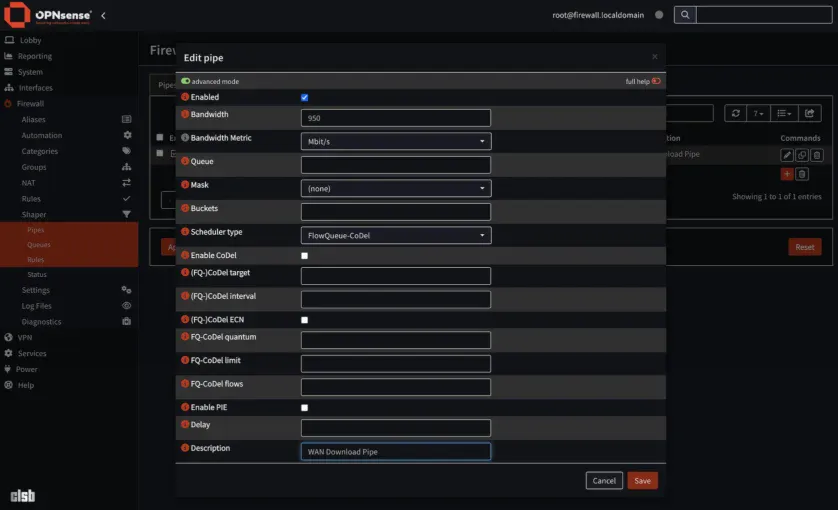 OPNsense Firewall > Shaper > Pipes