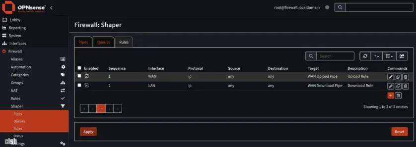 OPNsense > Firewall > Shaper > Rules la final