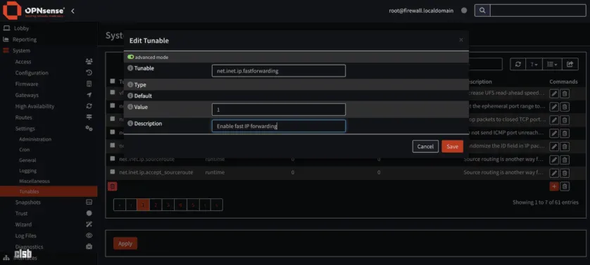 OPNsense > System > Settings > Tunable