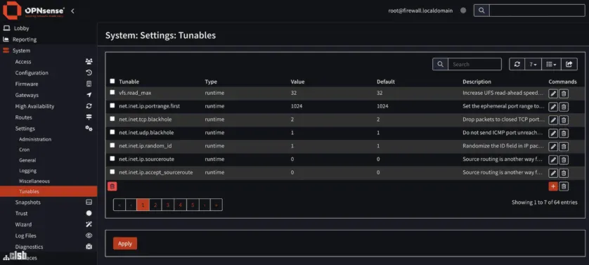 OPNsense System > Settings > Tunables