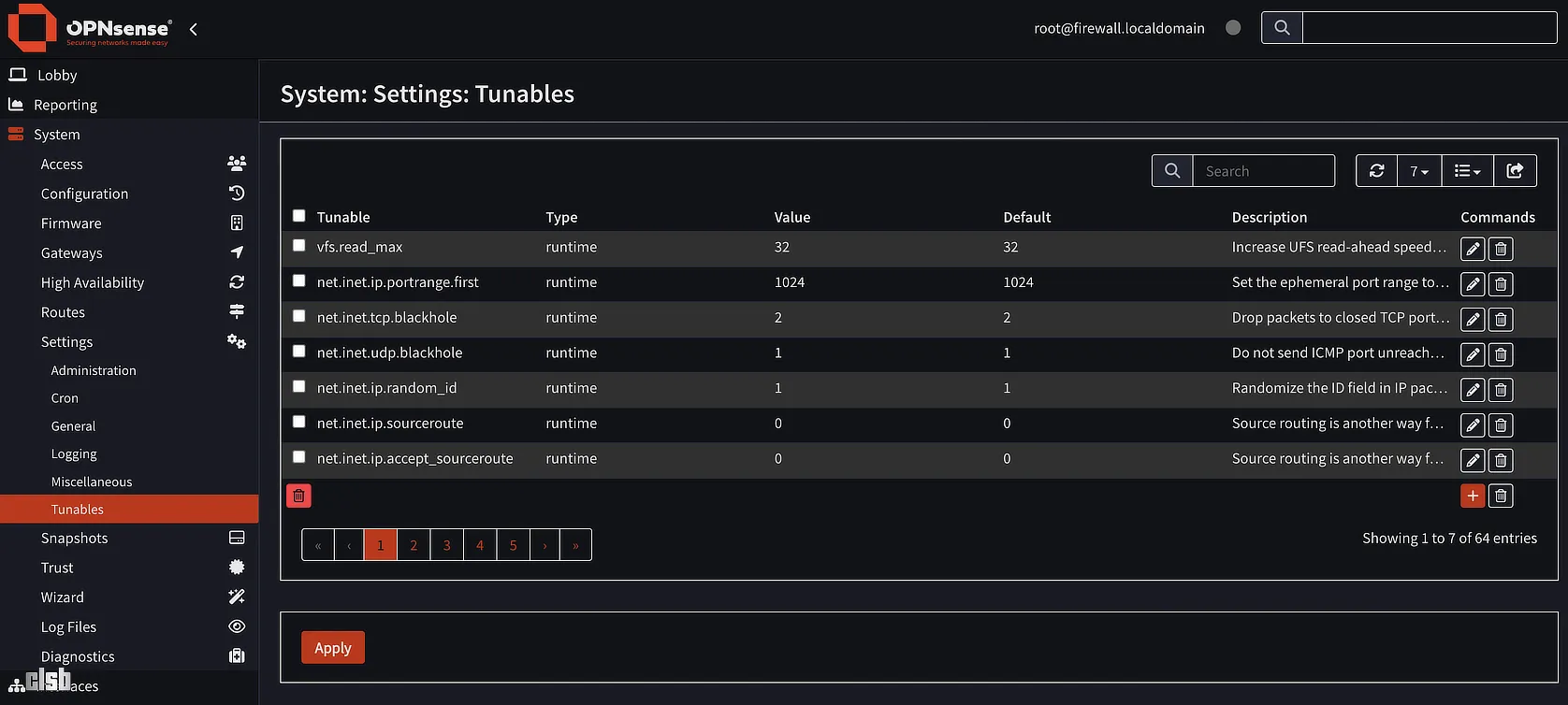 OPNsense System > Settings > Tunables