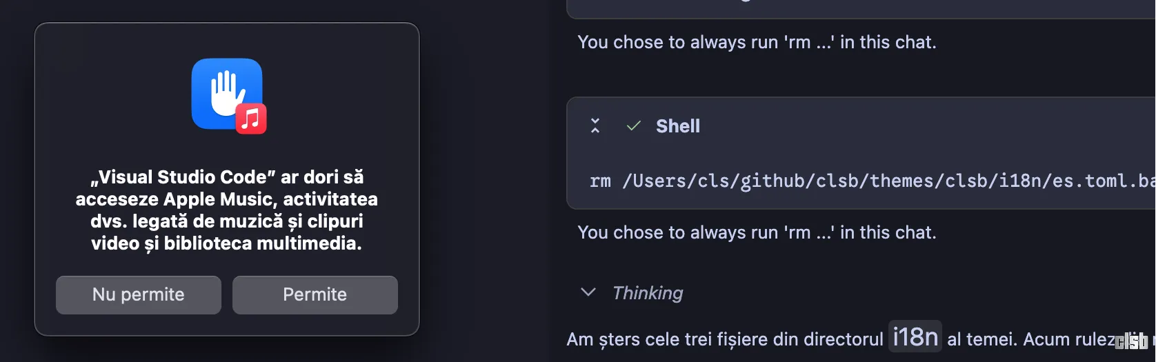 Visual Studio Code vrea să acceseze datele Apple Music
