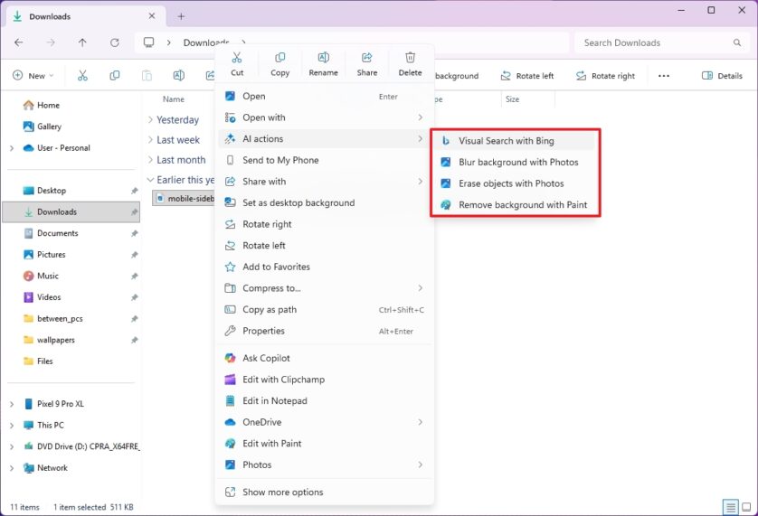 Acțiuni AI în Windows Explorer