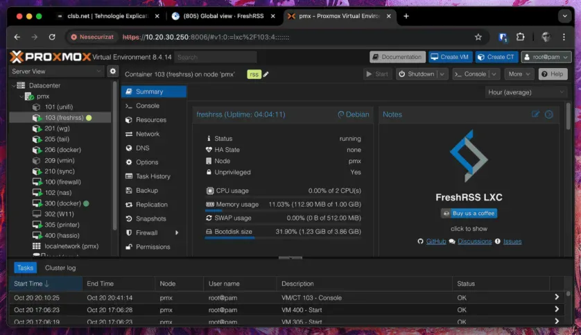 Container LXC în Proxmox al FreshRSS