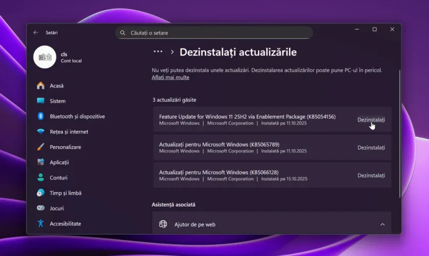 Dezinstalare actualizare Windows 11