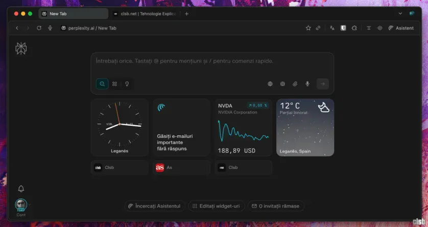 Homepage în Comet, browserul de la Perplexity