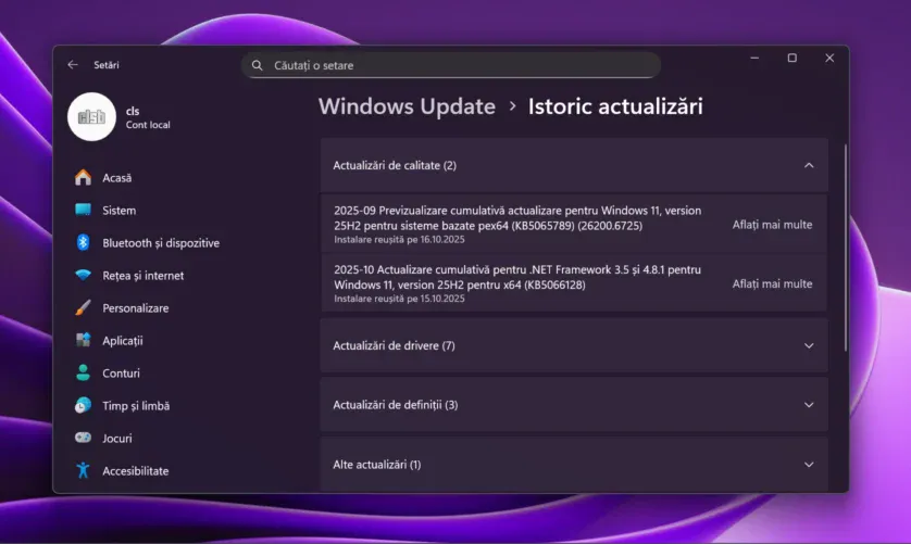 Lista actualizărilor instalate recent