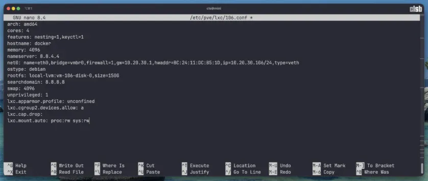 Fișier de configurare container LXC pentru Docker