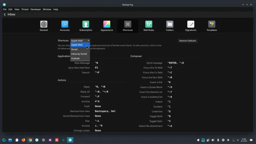 Mailspring - scurtături