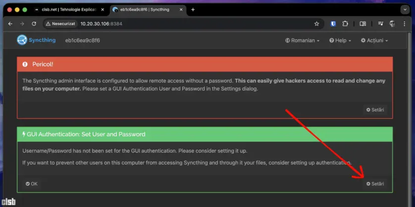 Configurare utilizator și parolă pentru Syncthing