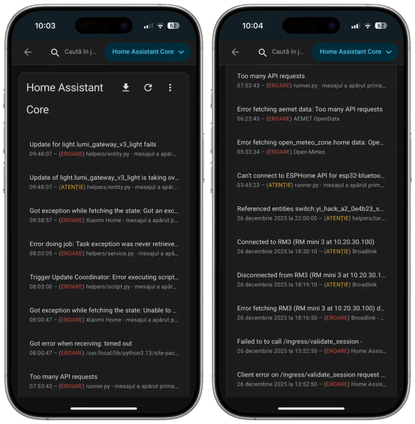 erori după actualizarea Home Assistant