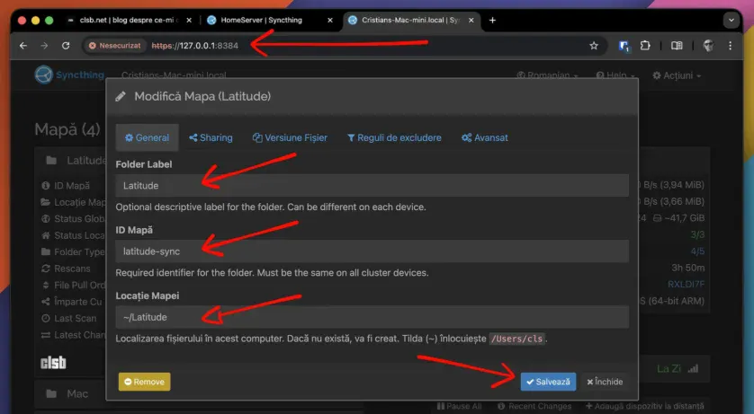 Partajare folder creat pentru screenshot-urile de pe Latitude în instanța Syncthing de pe mac Mini