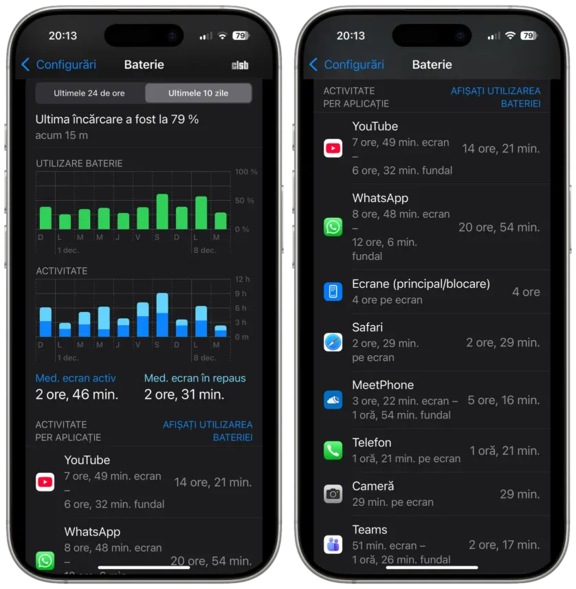 statistici de utilizare în ultimele 10 zile