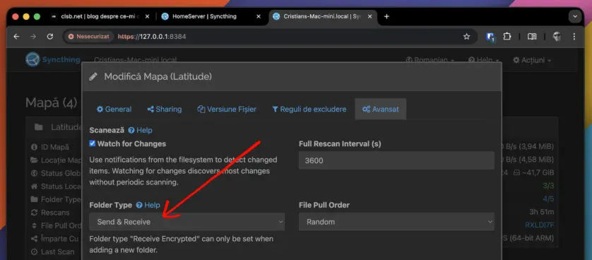 Tipul sincronizării fișierelor cu Syncthing