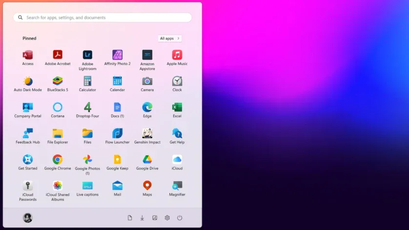 Meniul Start al Windows 11 curat