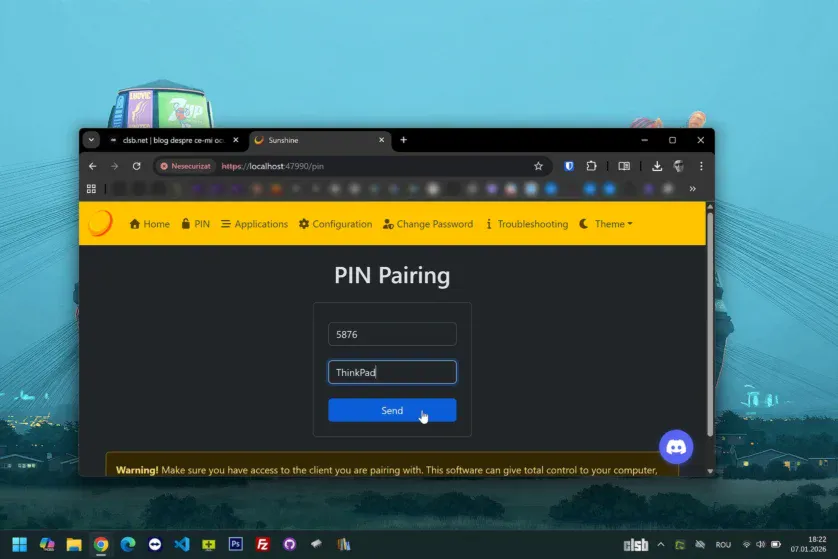 Conectare Moonligh (client) la Sunshine (host)