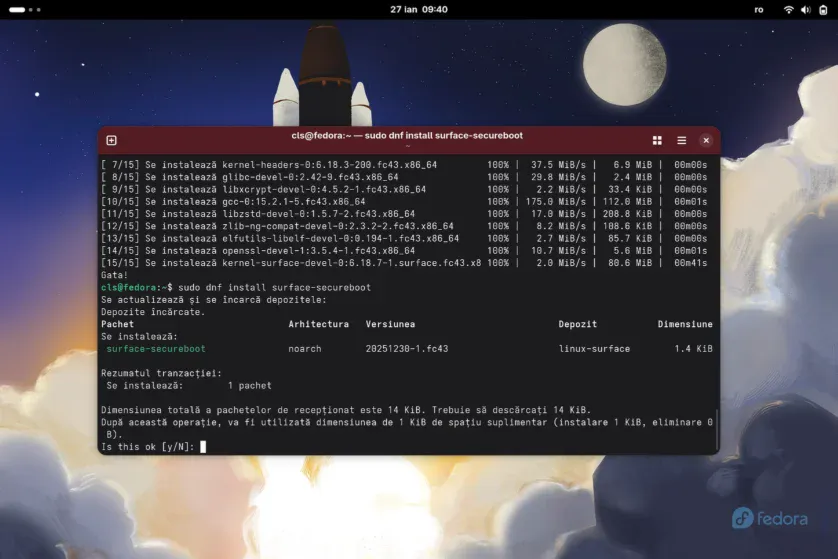 Secure Boot activat în Surface cu Fedora 43