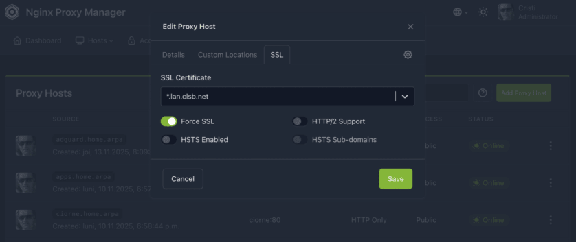 Configurare certificat SSL în Proxy Hosts