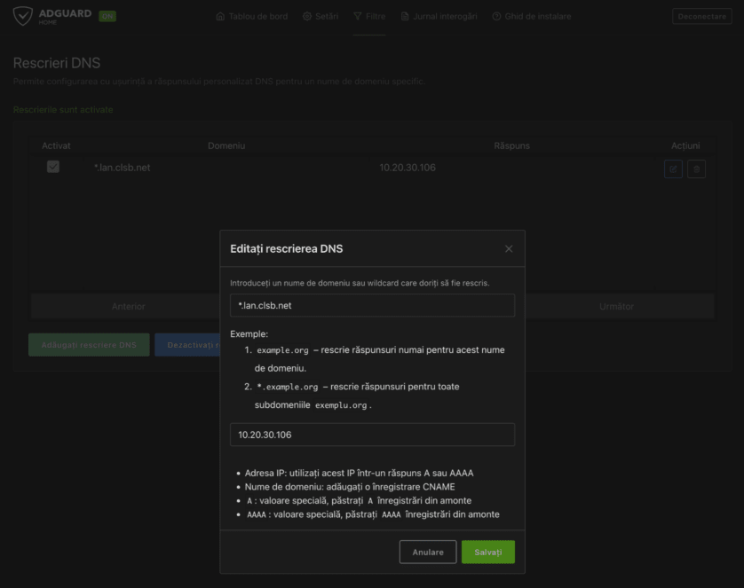 Rescriere DNS în AdGuard